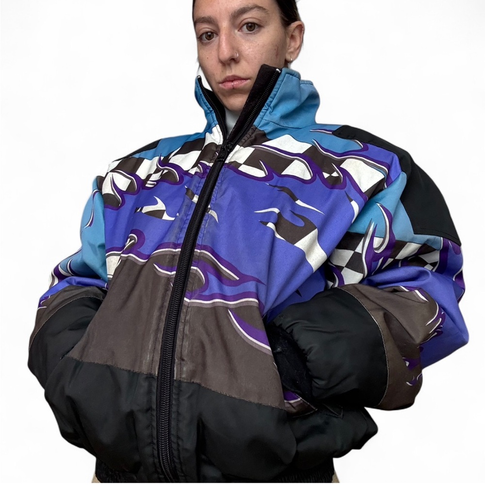 Vintage Y2K ARTIK Snowboard Jacket — Flame Race car Graphic Ski Coat